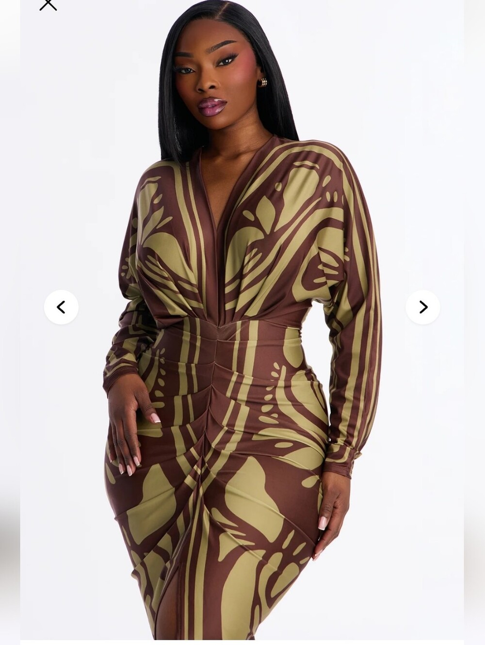 Fashion Nova Olive & Brown V-Neck Ruched Bodycon Dress